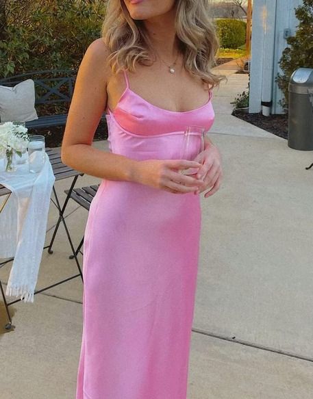 Simple A line Straps Sleeveless Party Dress Silk Satin Pink Prom Dress