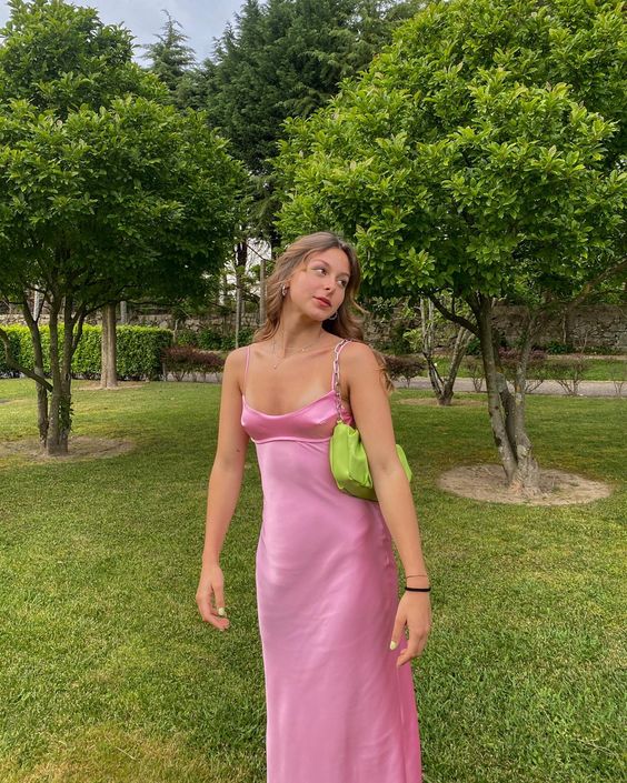 Simple A line Straps Sleeveless Party Dress Silk Satin Pink Prom Dress