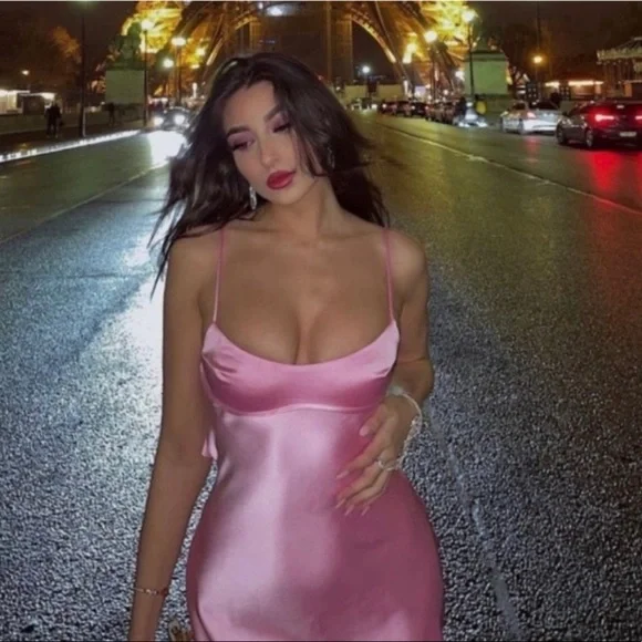 Simple A line Straps Sleeveless Party Dress Silk Satin Pink Prom Dress