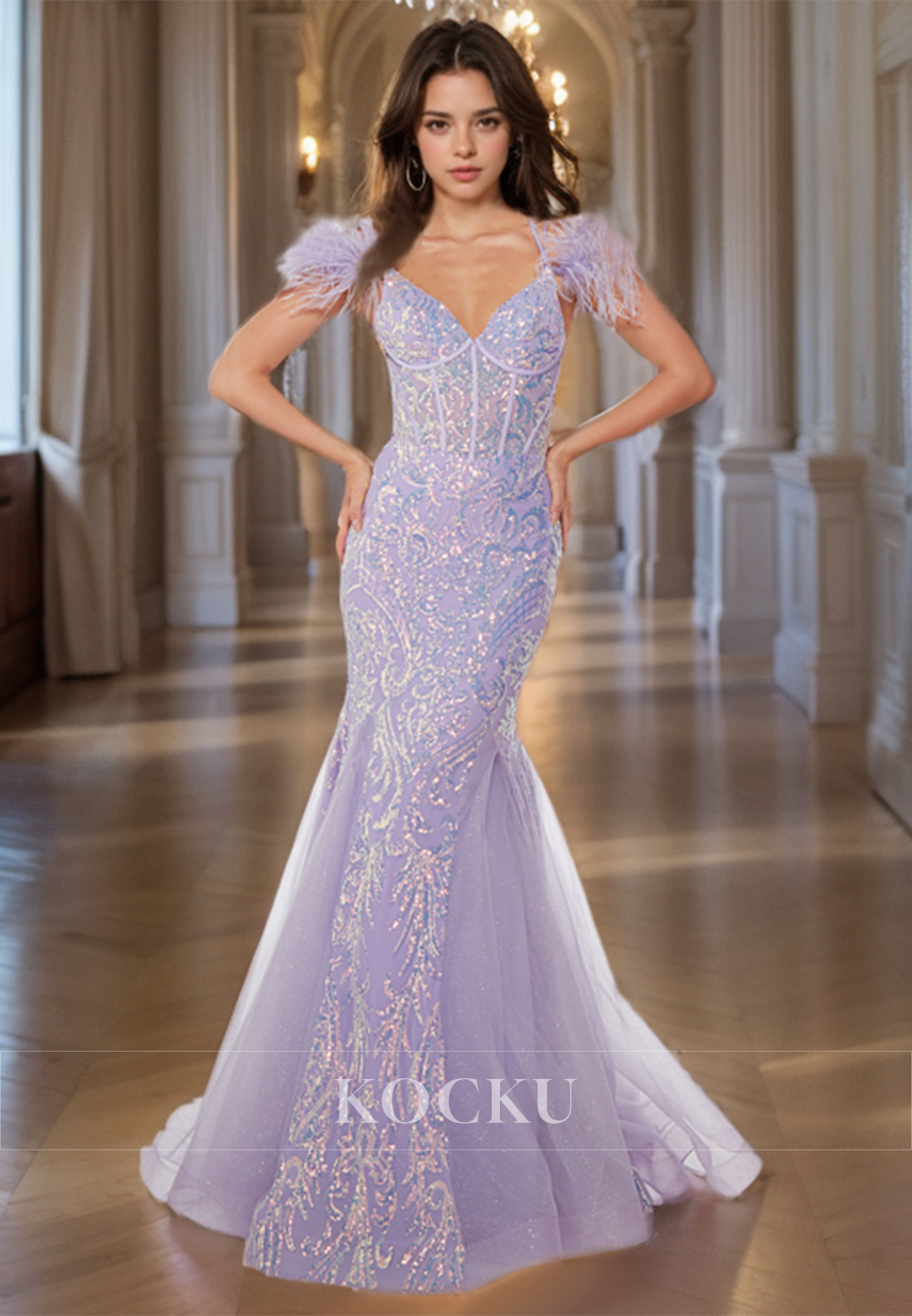 Spaghetti Straps V-Neck Mermaid Stripe Sparkly Appliques Prom Party Gown with Feather