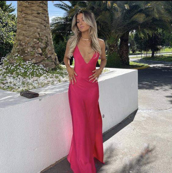 Sexy A line V neckline Sleeveless Party Dress Hot Pink Prom Dress