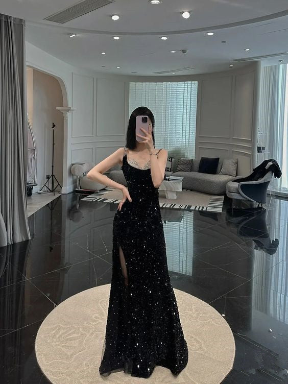 Mermaid Long Prom Dress New Sequin Sexy Black Slit Evening Dress
