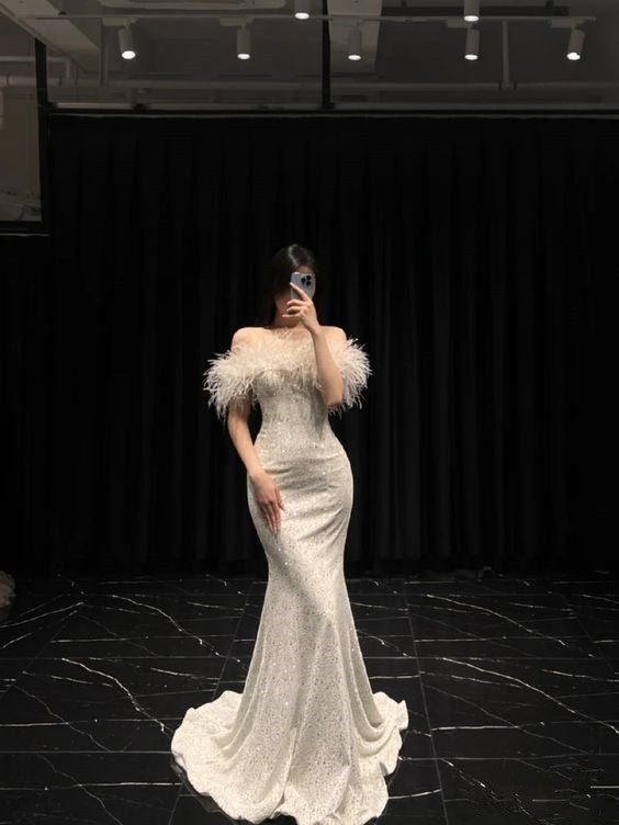 Mermaid Long Champagne Prom Dress Sequin Off The Shoulder Evening Dress With Feather