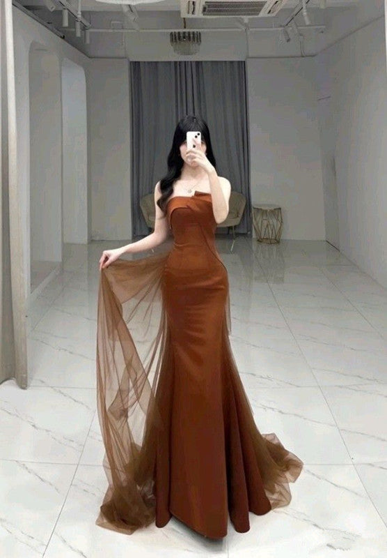 Mermaid Long Prom Dress Strapless Brown Satin Evening Dress