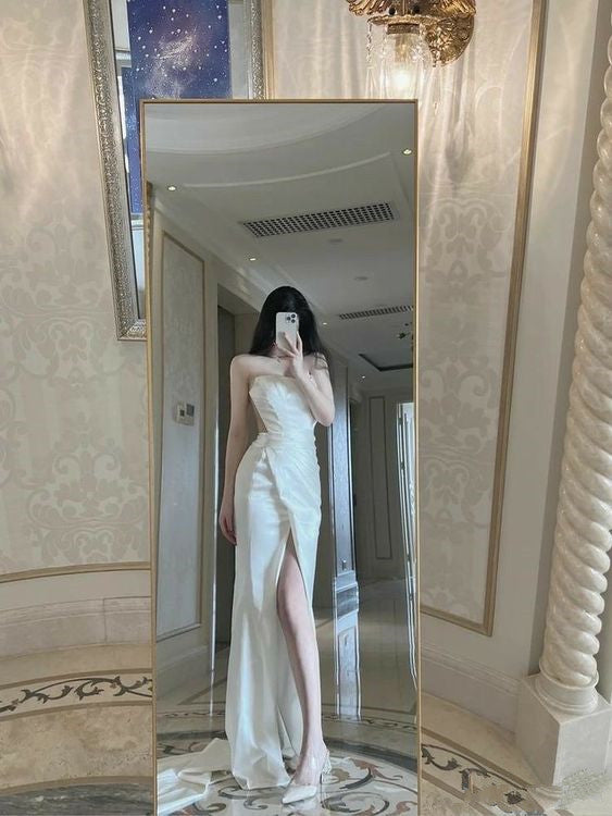 Mermaid Long Slit Prom Dress White Strapless Evening Dress