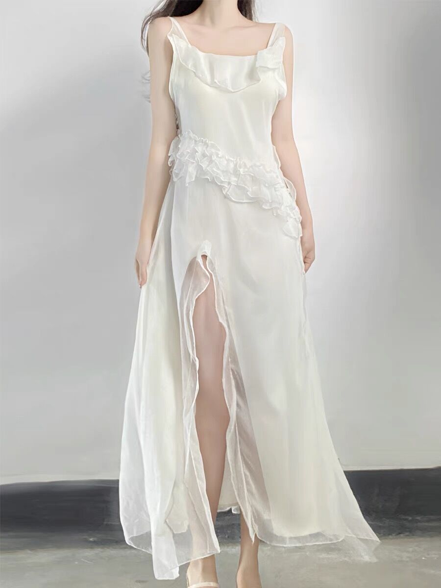 Sexy A line Long Prom Dress Slit White Evening Dress