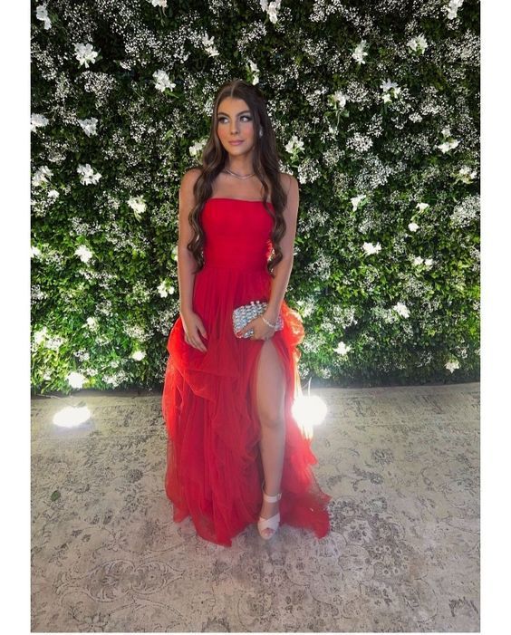 Sexy Red A-line Side Slit Maxi Long Party Prom Dresses