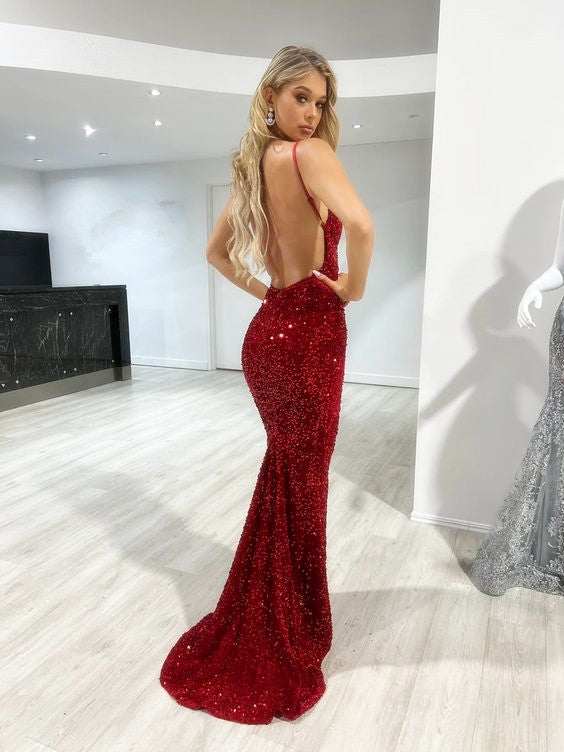 Sexy Red Mermaid Sequin Backless Long Party Prom Dresses