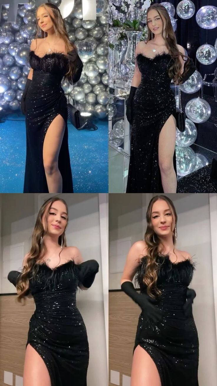 Sexy Mermaid Sequin Black Slit Long Party Prom Dresses With Feather
