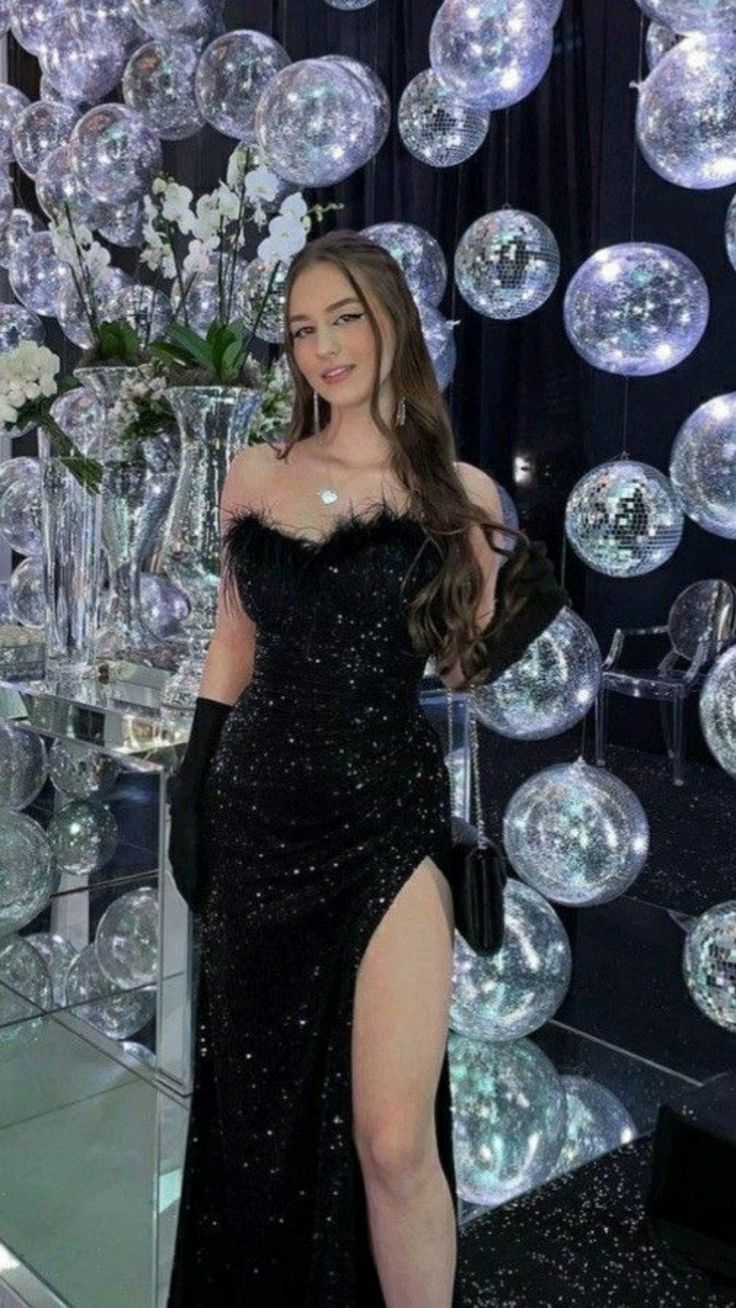 Sexy Mermaid Sequin Black Slit Long Party Prom Dresses With Feather