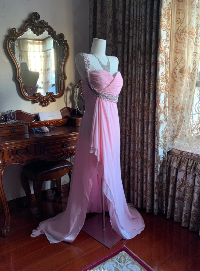 Classy One Shoulder Chiffon Beaded Mermaid Long Wedding Guest Dress Pink Evening Dress D1775