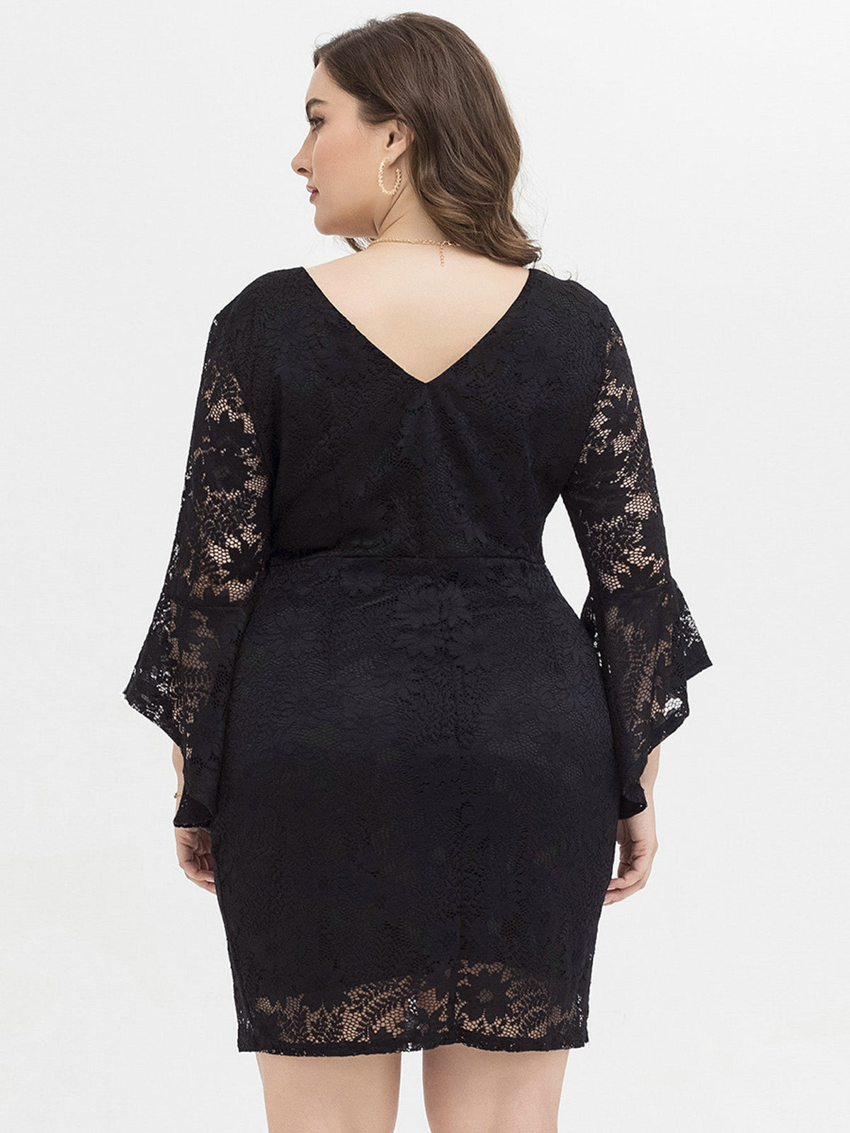 Lace Round Neck Flared Sleeve Bodycon Mini Dress