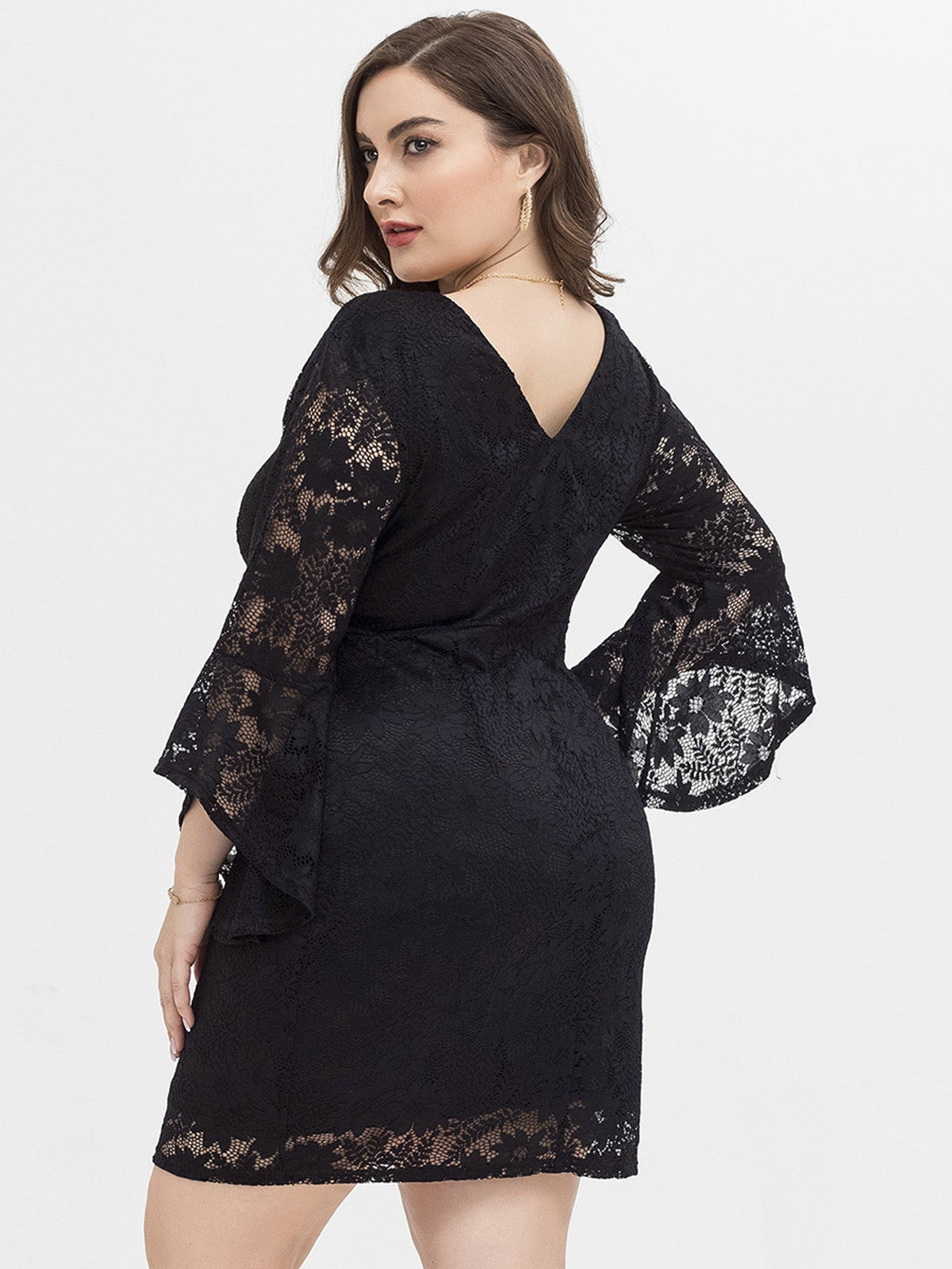 Lace Round Neck Flared Sleeve Bodycon Mini Dress