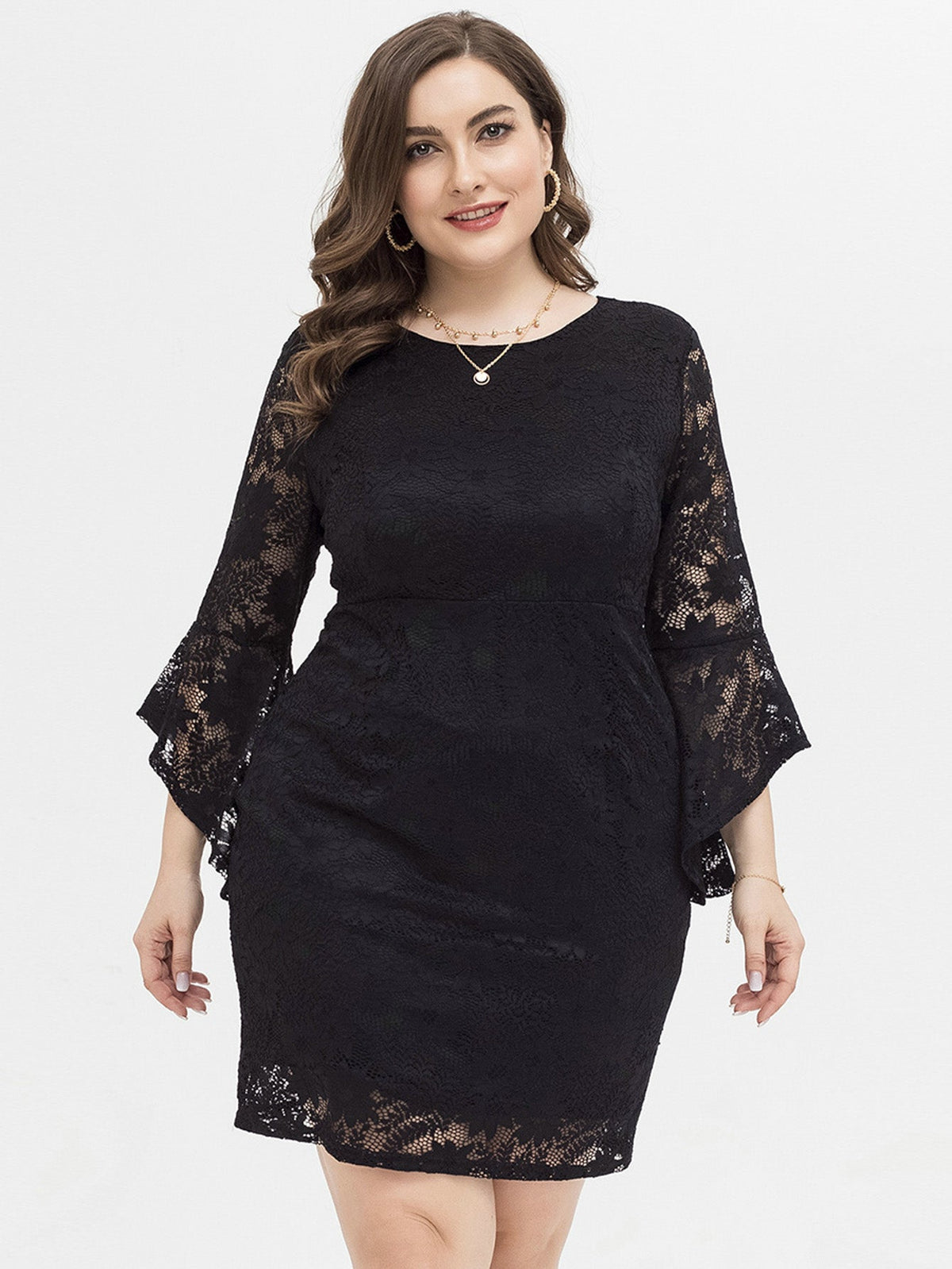 Lace Round Neck Flared Sleeve Bodycon Mini Dress