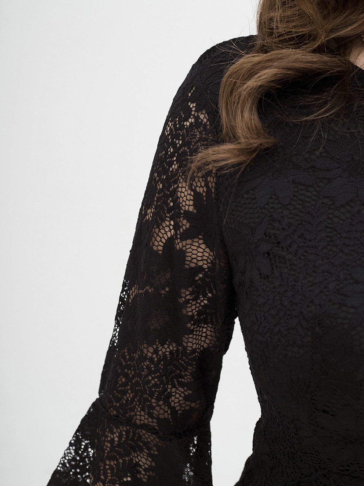 Lace Round Neck Flared Sleeve Bodycon Mini Dress