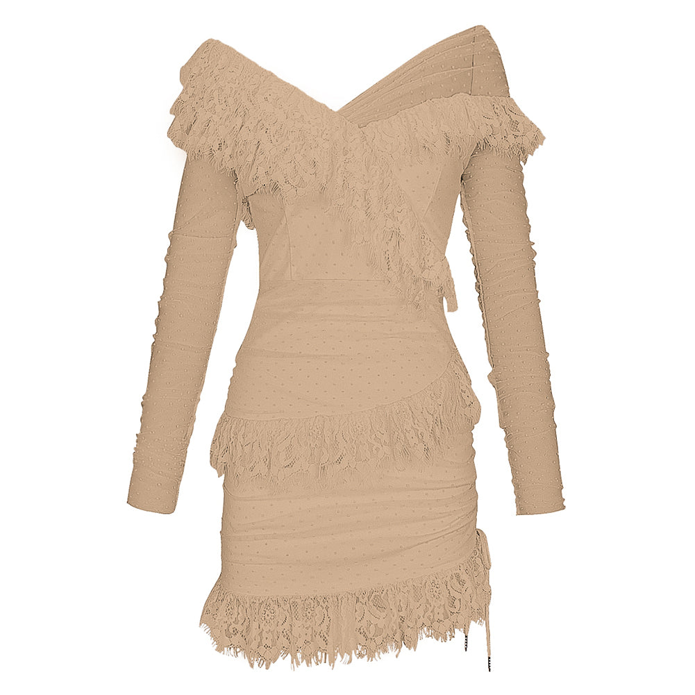 Dotted Mesh Off-Shoulder Ruffle Long-Sleeve Mini Dress 15