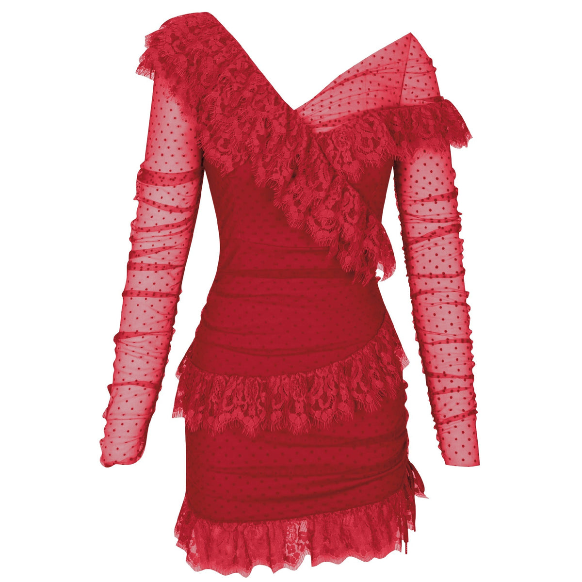 Dotted Mesh Off-Shoulder Ruffle Long-Sleeve Mini Dress 17