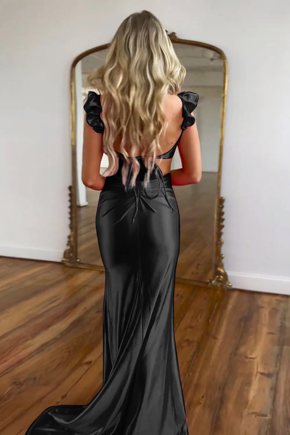 Hot Pink Satin Cutout Waist Mermaid Long Prom Dress With Flower