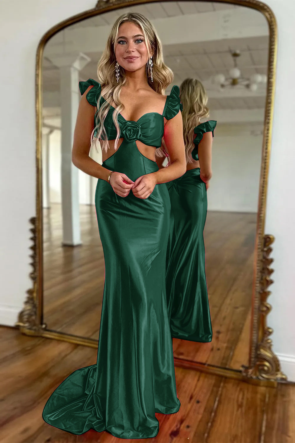 Hot Pink Satin Cutout Waist Mermaid Long Prom Dress With Flower