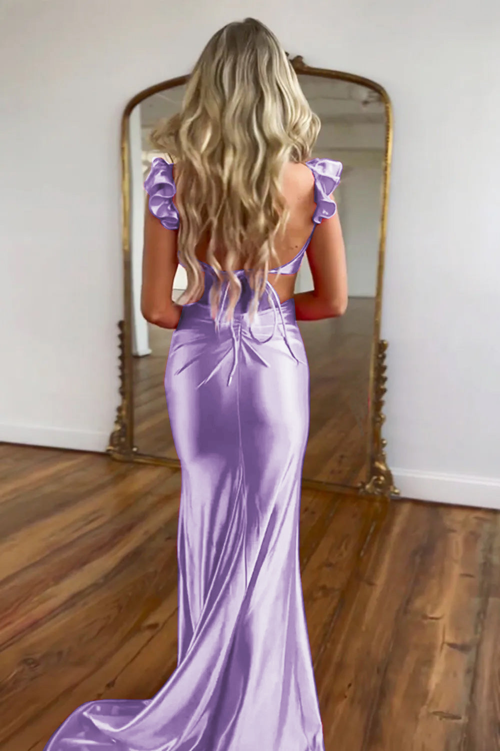 Hot Pink Satin Cutout Waist Mermaid Long Prom Dress With Flower