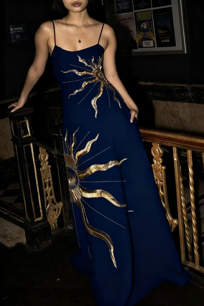 Gorgeous Spaghetti Straps Red Satin With Gold Sequin Long Party Dress Evening Dress D1387