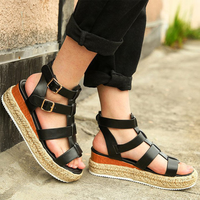 PU Espadrille Platform Sandals With Buckles - Mislish