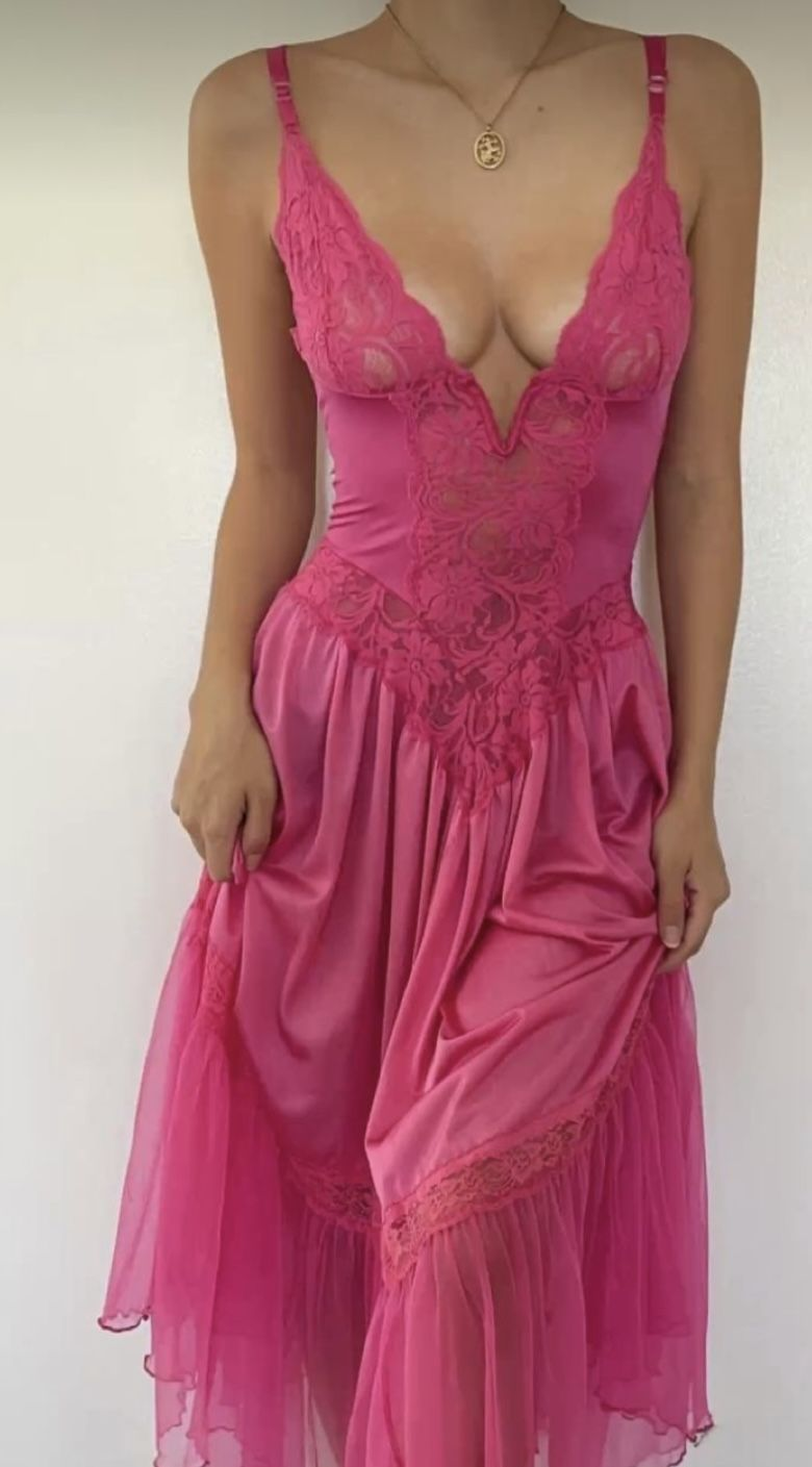 Sexy V Neck Pink Lace Satin Birthday Party Dress Long Evening Gown D1155