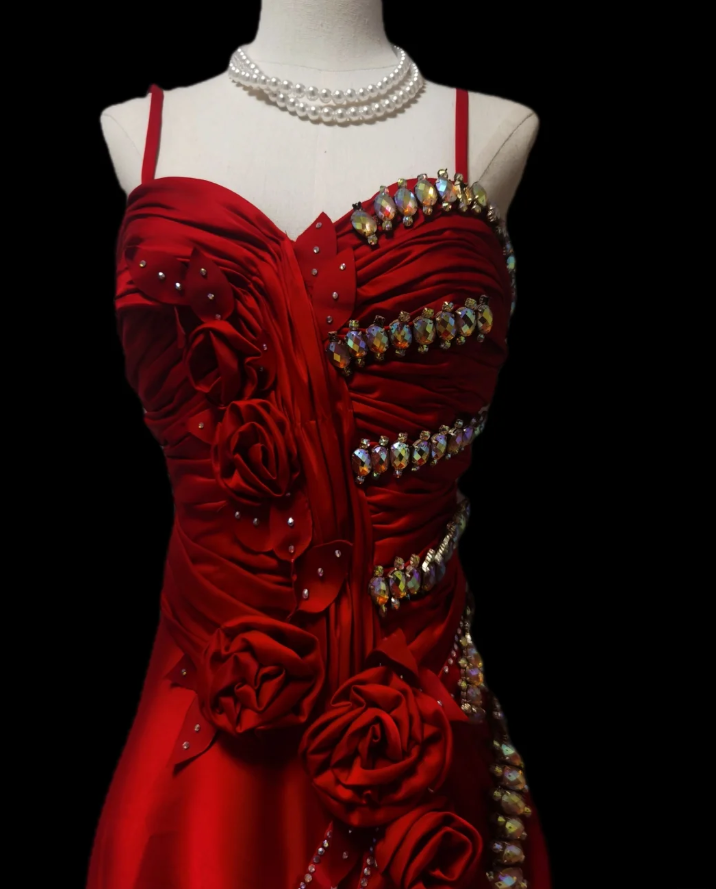 Charming Red Spaghetti Straps Satin Pleated Beaded Mermaid Evening Dress Long Prom Gown With 3D Flowers D1105