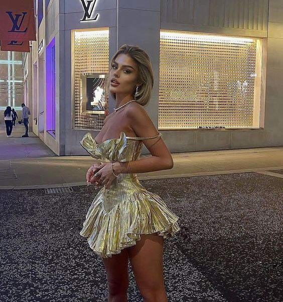Vintage Gold Satin Pleated A Line Short Prom Dress Homecoming Dress D669