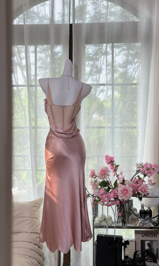 Elegant Spaghetti Straps Sweetheart Neck Pink Satin Mermaid Party Dress Long Birthday Prom Gown D1378