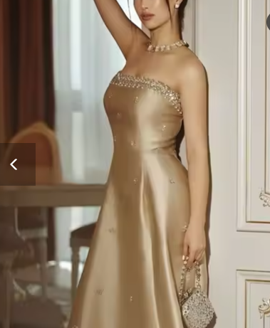 Fashion Strapless Champagne Satin Beaded Long Party Dress Evening Gown D1220
