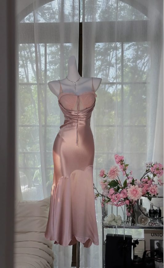 Elegant Spaghetti Straps Sweetheart Neck Pink Satin Mermaid Party Dress Long Birthday Prom Gown D1378
