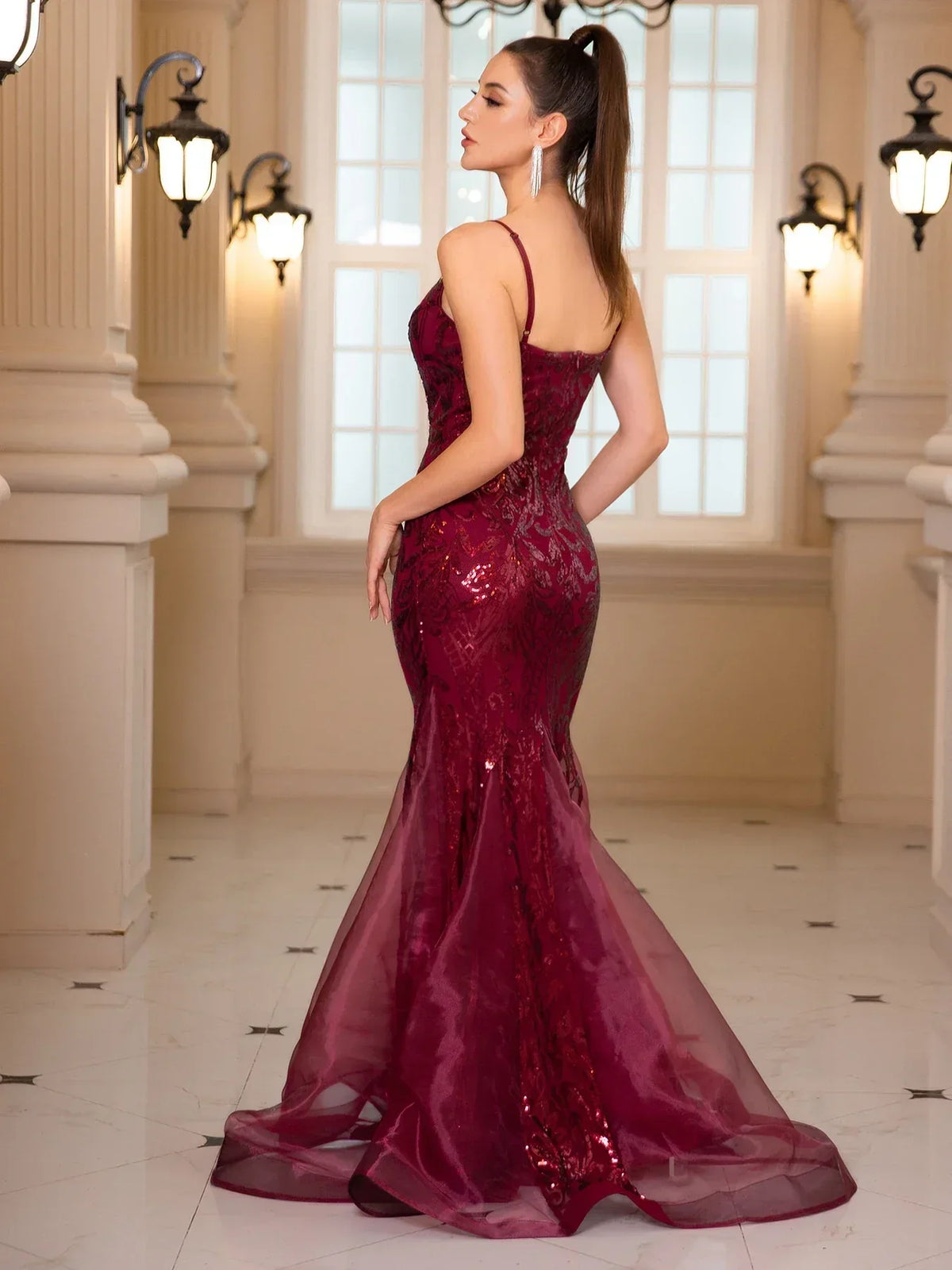 Sequin V-Neck Spaghetti Strap Mermaid Gown