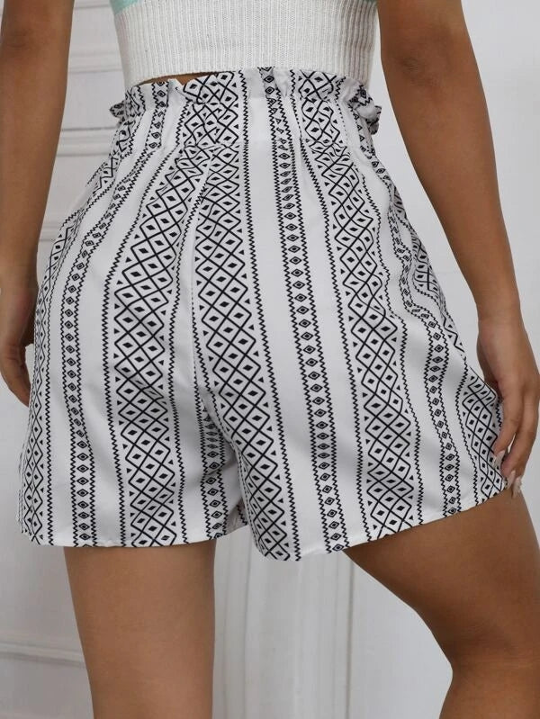 Paperbag Waist All Over Print Shorts - Fashionpara
