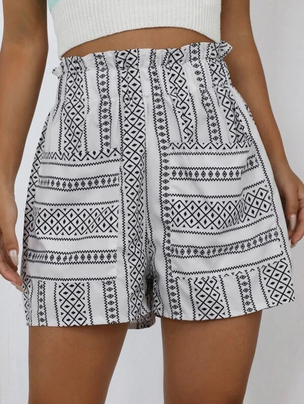 Paperbag Waist All Over Print Shorts - Fashionpara