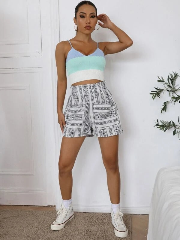 Paperbag Waist All Over Print Shorts - Fashionpara
