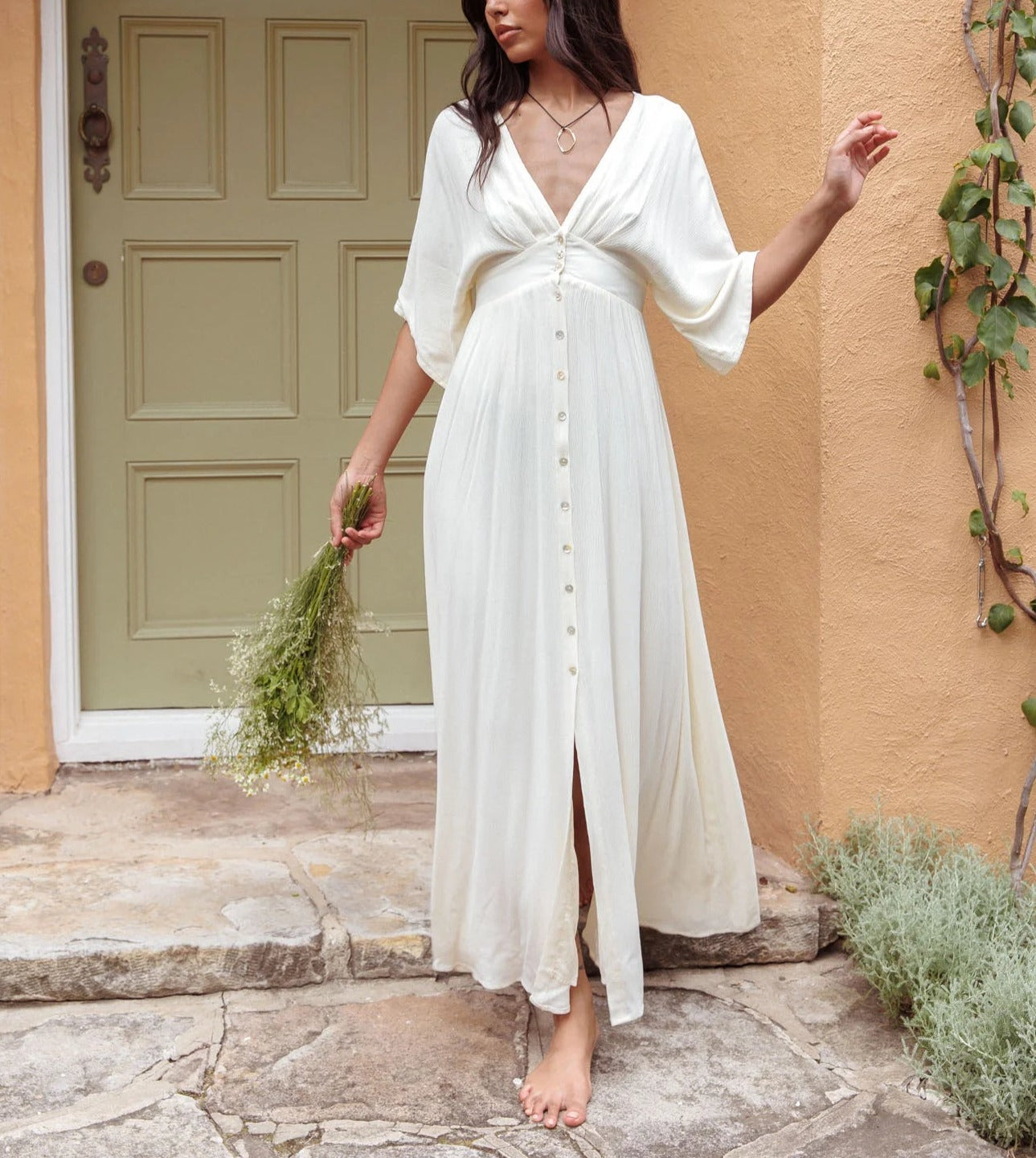 Button Front V-Neck Long MAXI Dress - Fashionpara