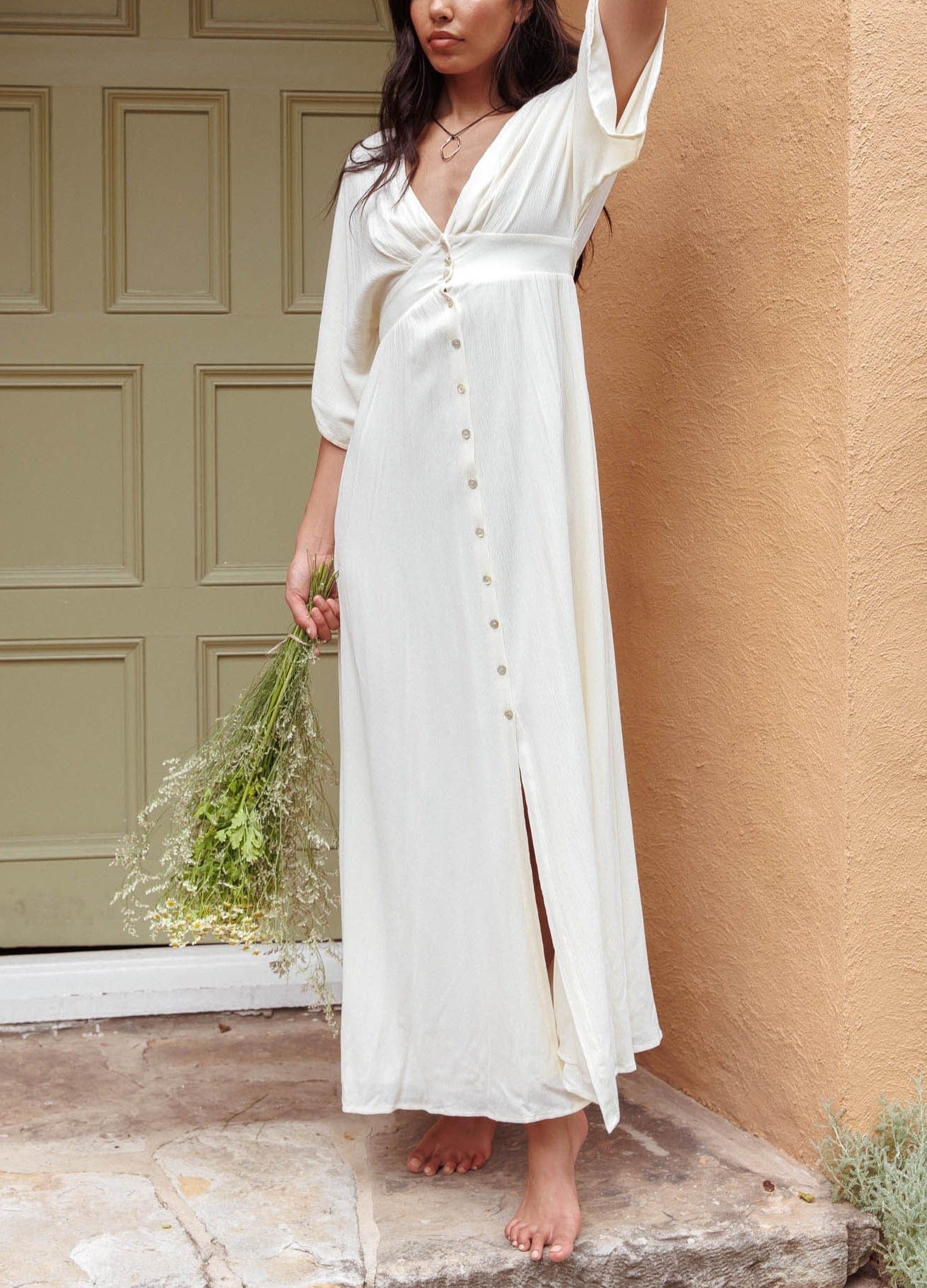 Button Front V-Neck Long MAXI Dress - Fashionpara