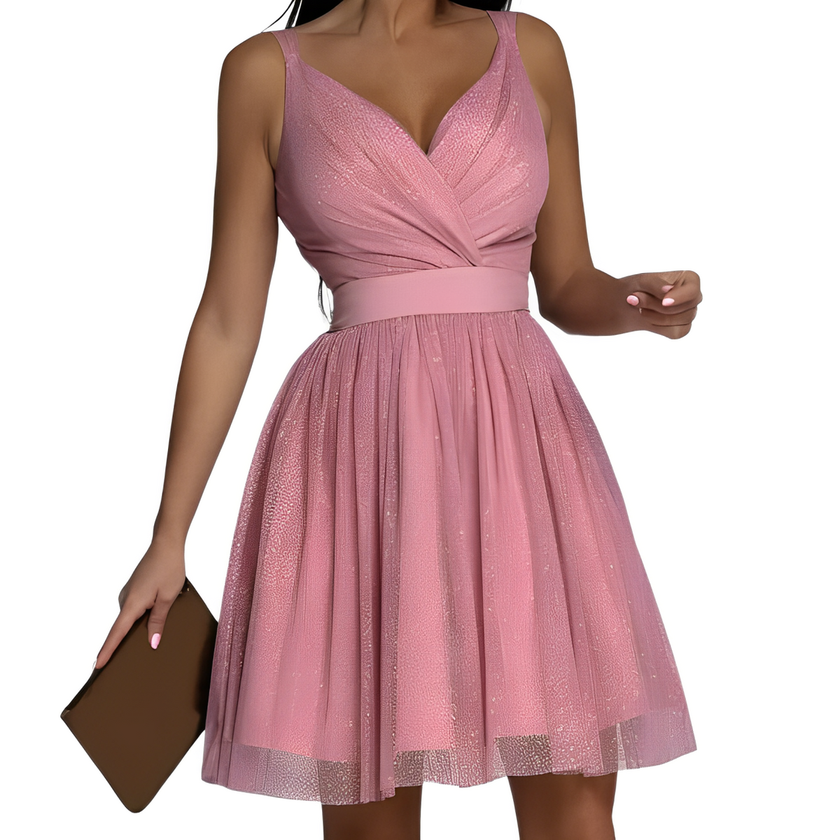 Glitter Tulle Overlay Bow Back Fit and Flare Sleeveless Mini Dress - View 4