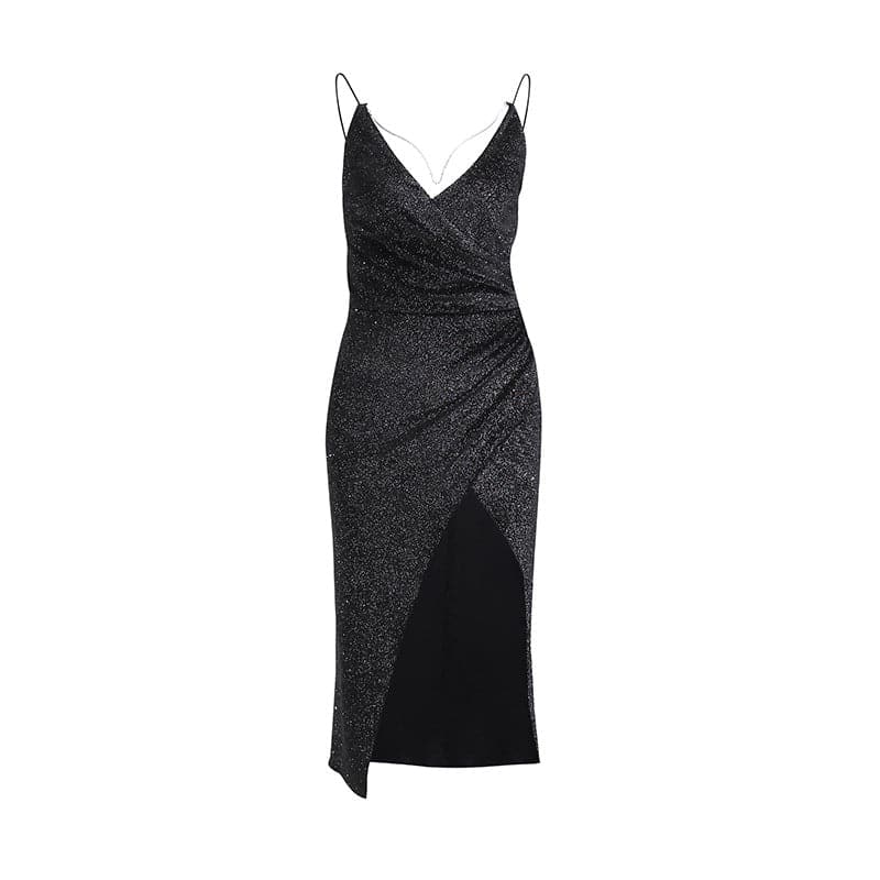 Glitter Spaghetti Strap Deep V-Neck Ruched Wrap Midi Party Dress - View 5