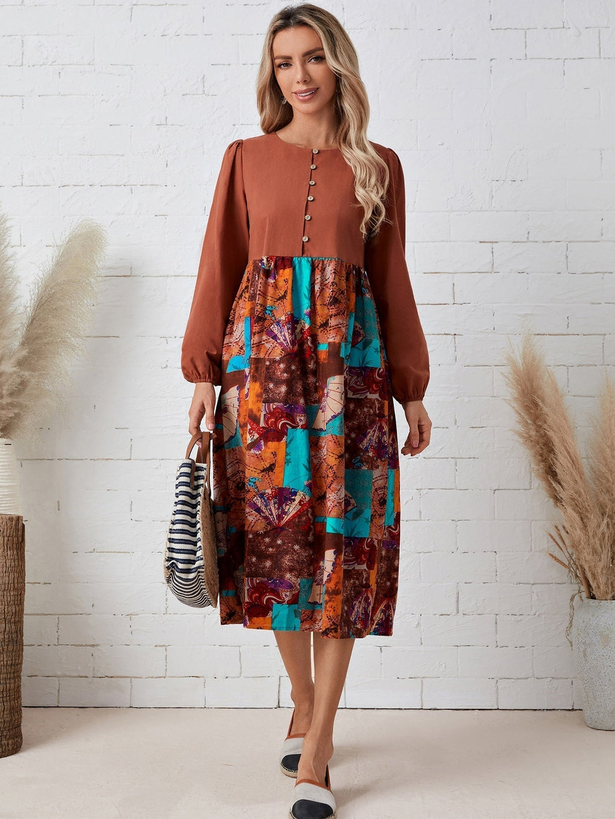 Patchwork Print Long Sleeve Button Tiered Midi Dress