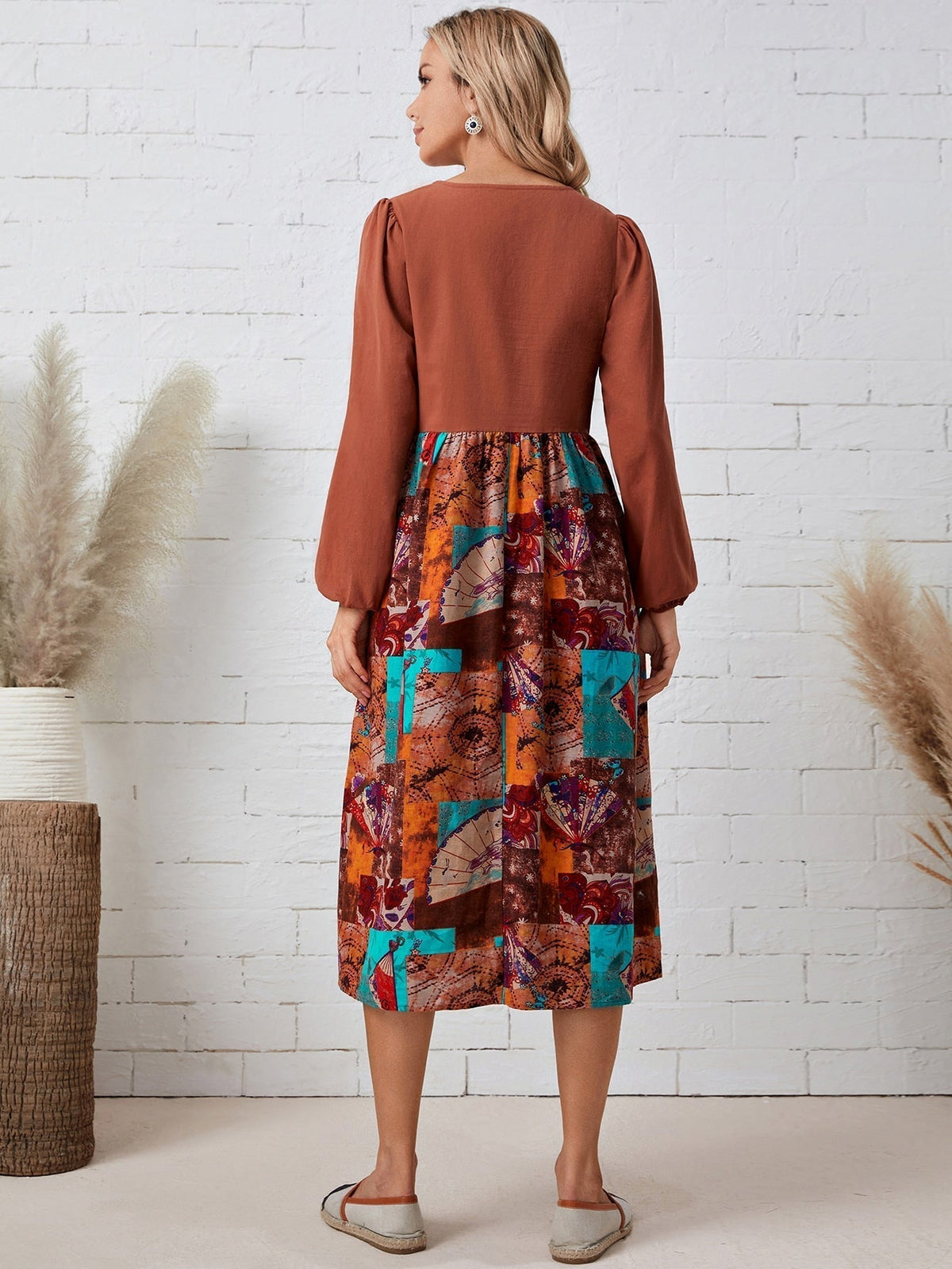 Patchwork Print Long Sleeve Button Tiered Midi Dress