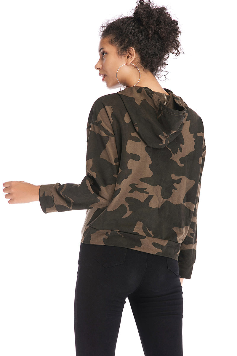 Patched Camouflage Asymmetrical Hem Sweatshirt