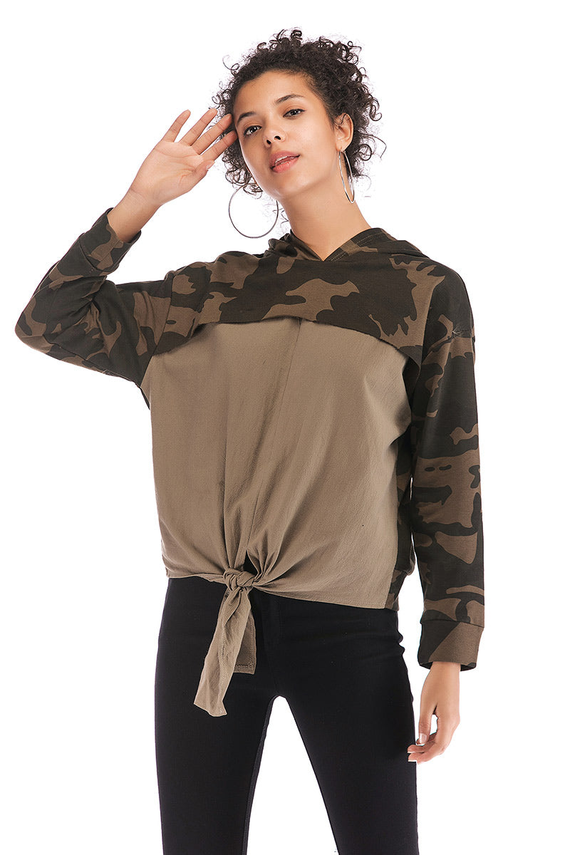 Patched Camouflage Asymmetrical Hem Sweatshirt