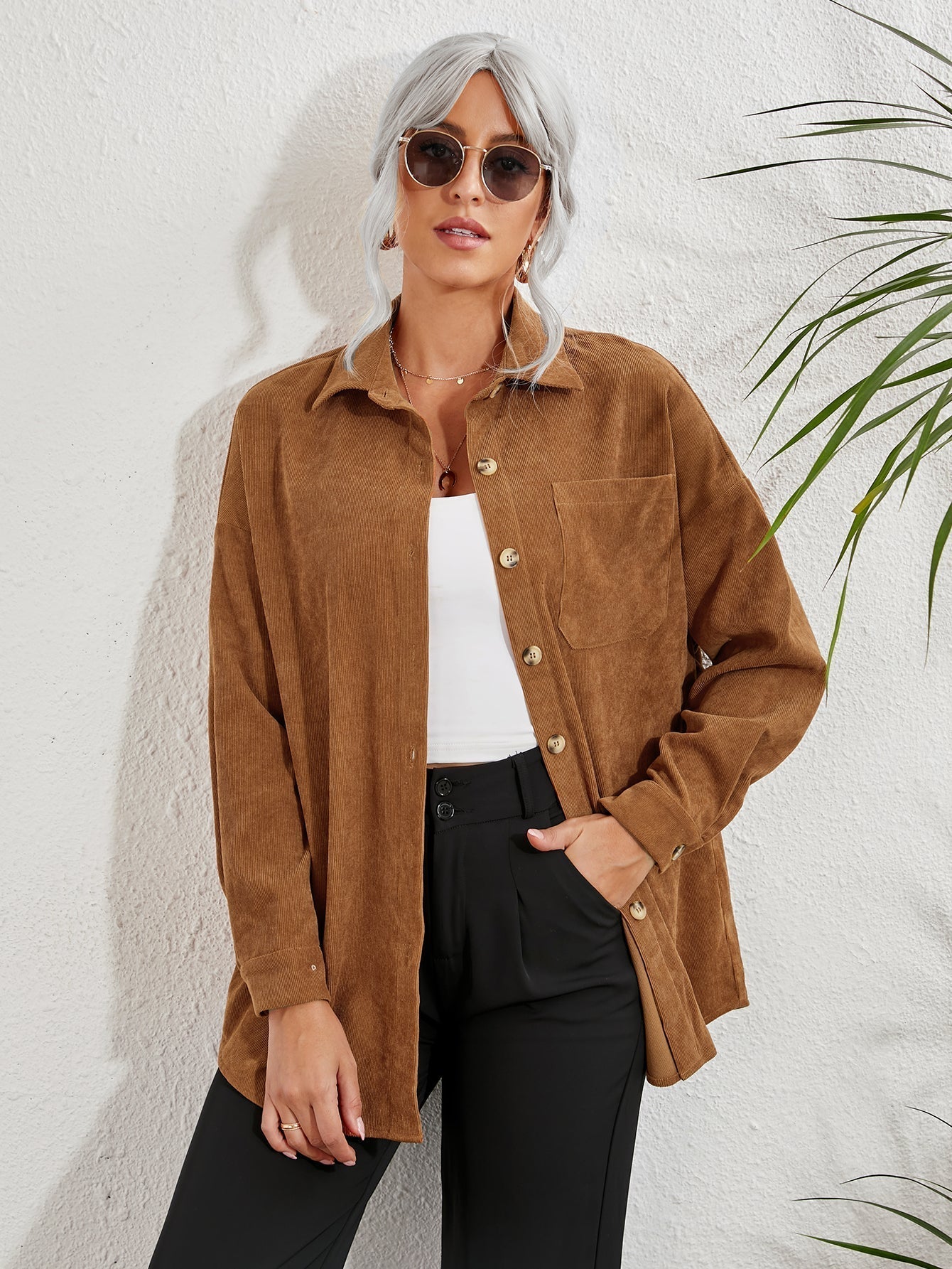 Patched Pocket Drop Shoulder Corduroy Blouse - Fashionpara