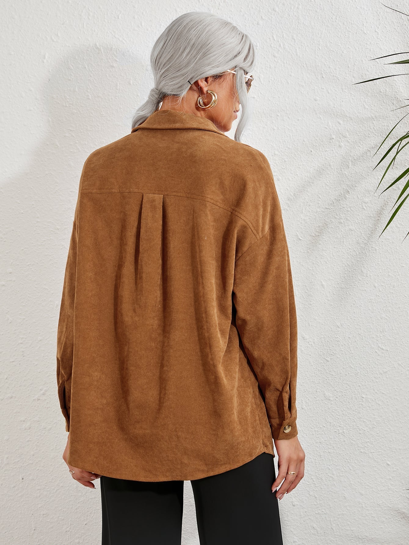 Patched Pocket Drop Shoulder Corduroy Blouse - Fashionpara