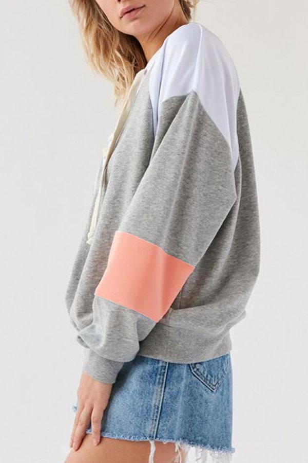V-neck Patched Loose Drawstring Sweatshirt - Fashionpara