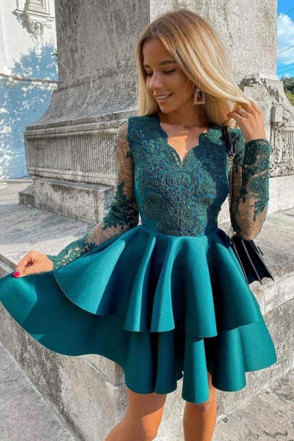 Peacock A-line Long Sleeves Homecoming Dress With Sequins - Fashionpara