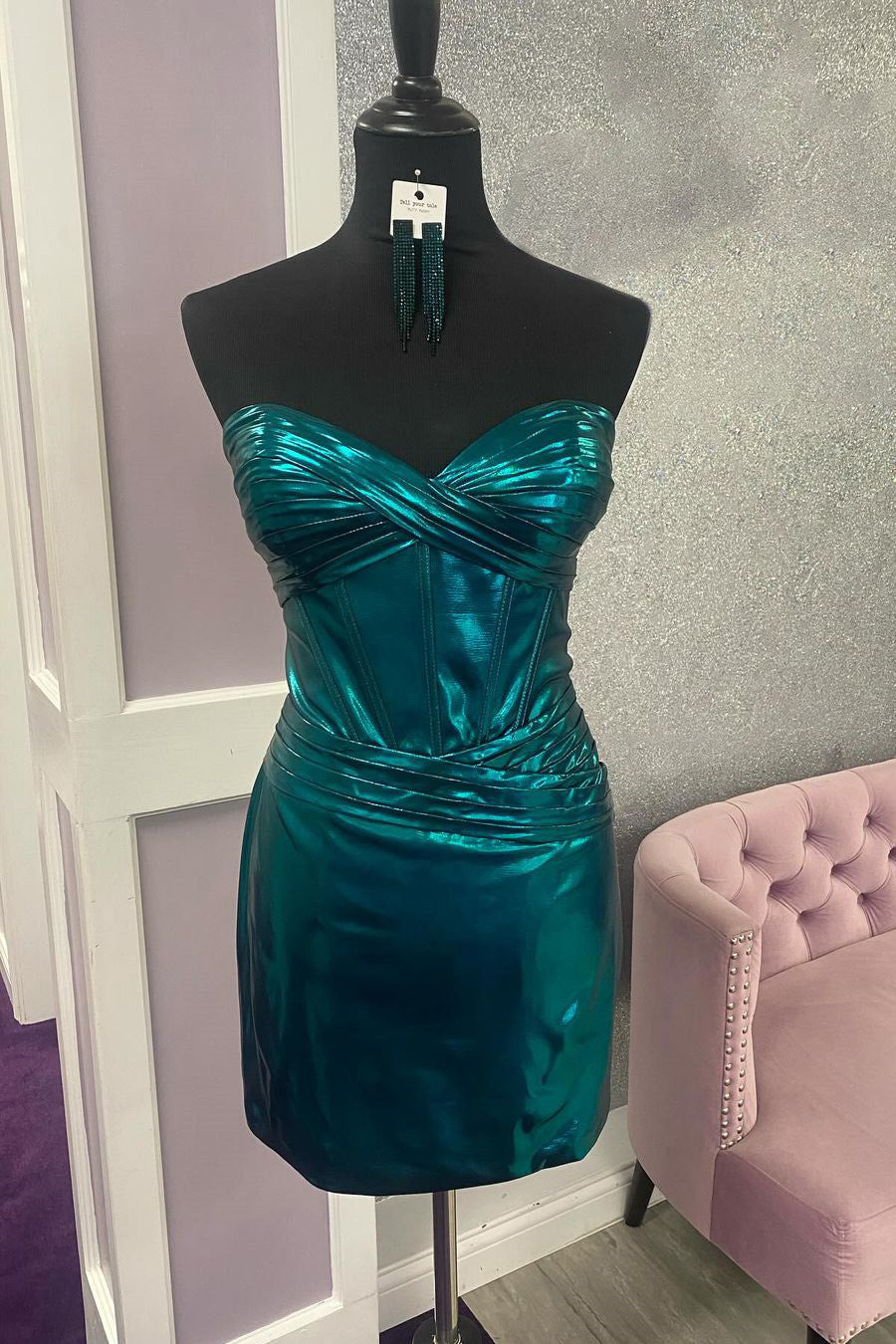 Peacock Blue Bodycon Sweetheart Short Metallic Homecoming Dress - Fashionpara