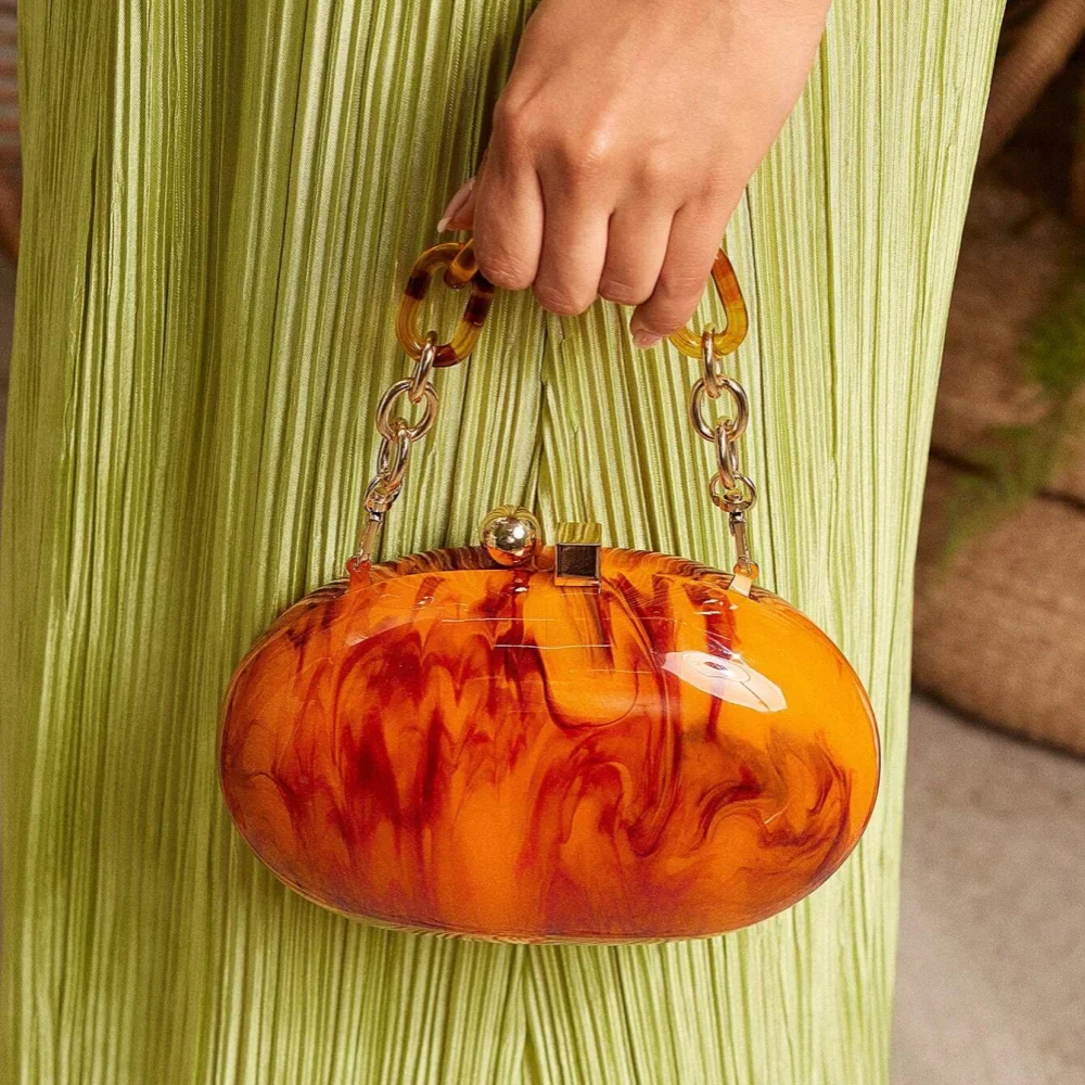 Pearl Brown Orange Acrylic Box Evening Clutch Bag
